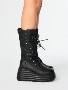 ROMWE Grunge Punk 女式黑色网眼面板厚底坡跟高跟鞋中筒朋克靴铆钉哥特暗黑风格休闲鞋，万圣节