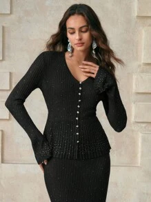 Aveloria 女士 V 领长袖单排扣水钻褶边毛衣秋季女装秋季女装秋季秋装针织套头衫秋冬