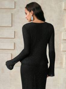 Aveloria 女士 V 领长袖单排扣水钻褶边毛衣秋季女装秋季女装秋季秋装针织套头衫秋冬