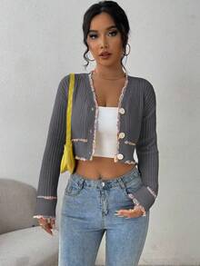 Chiquease 女士优雅单排扣落肩长袖短款针织开衫 - 灰色 - 查看 4