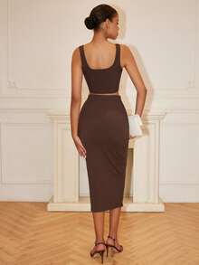 RosyDaze 2 件套女士纯色短款修身背心和侧开衩中长裙休闲套装