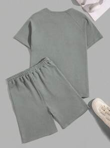 RueChic Men Waffle Fabric Raglan Sleeve Patched Regular T-Shirt Set - Mint Green - View 2