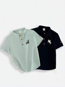 SHEIN 2入組青少年男孩休閒大學街頭風格藍綠色立領半扣短袖襯衫,適合春夏旅行、日常穿著和學校穿著 - 藍色 - 查看 7