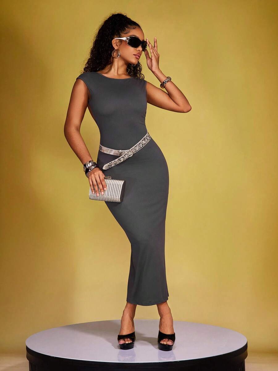INAWLY Solva 女款純色露背圓領連身裙 - 灰色 - 查看 1