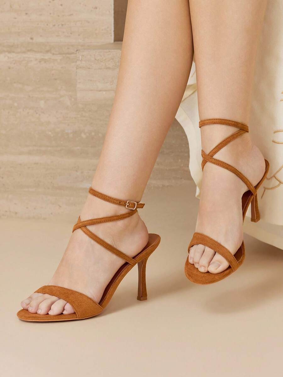 MOTF PREMIUM WOMEN'S 8.8CM SUEDETTE DEER SKIN STRAP BUCKLE FASHION MINIMALIST COMFORTABLE PEEP TOE HIGH HEEL SANDALS, BROWN FOR CHRISTMAS - Brown - View 1
