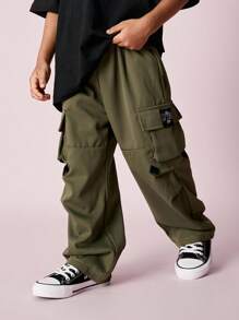 SHEIN 男童休闲时尚嘻哈风宽松大口袋工装裤 - 軍綠色 - 查看 5
