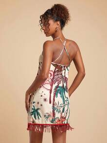 Travachic Váy ngắn tua rua đính cườm họa tiết cây cọ dành cho nữ, đi nghỉ - Nhiều màu - Xem 2