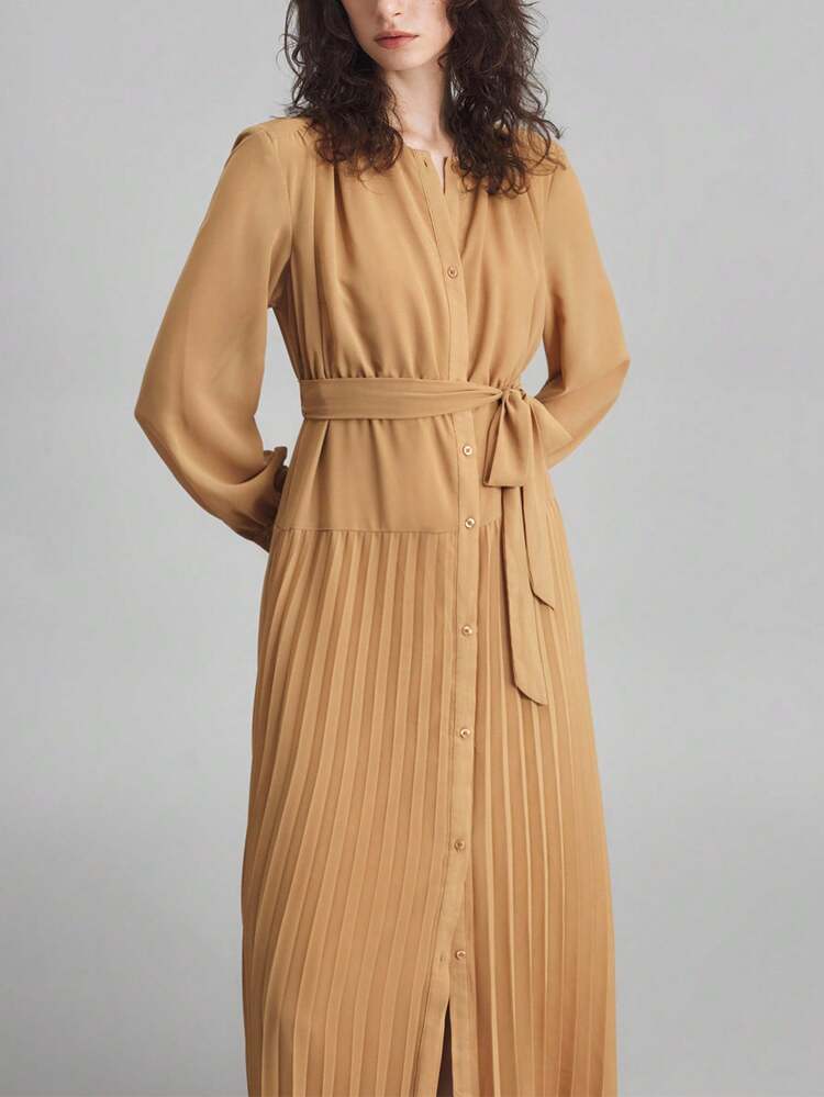 2025 New Women's Mid-Length Dress, Autumn/Winter, Modern Urban Style, Khaki Color, Waist Cinched Loose Fit, Tie Waist, Round Neck, Business Casual, Commuter, Daily Wear, Autumn/Winter, Christmas, Halloween, Holiday, Vacation, Party, Fitted Silhouette, Women's Dress, Urban Chic, Minimalist Elegant Women's Dress, Pleated Design