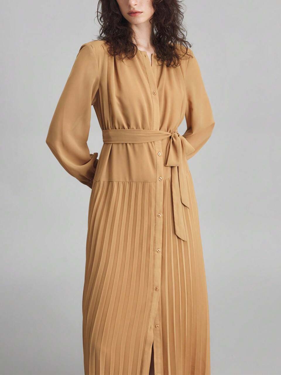 2025 Women's Mid-Length Dress,Autumn,Elegant Camel Khaki Round Neck Pleated Design,Tie Waist Business Casual Office Commuter Urban Chic Party Dress