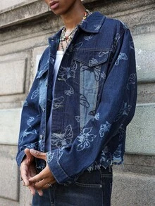 PAVTROS 男士宽松牛仔夹克，白色蝴蝶提花面料，做旧下摆和破洞设计，复古浪漫风格，春秋季 - 藍色 - 查看 5