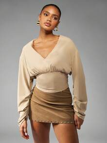 MISSGUIDED Langarm V-Ausschnitt gerafftes Empire Taille Bluse, elegante Taille Raffung Top für besondere Anlässe, Herbst-Winter Mode Statement-Piece - Khaki - Übersicht 7