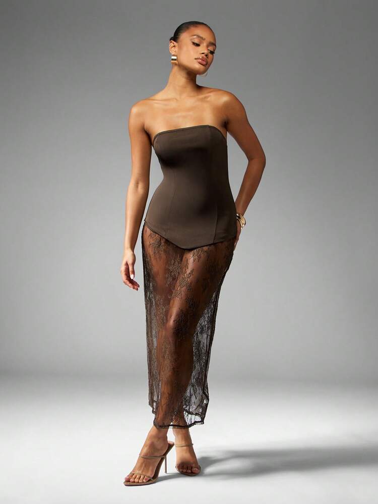 MISSGUIDED Strapless Corset Bodycon Evening Dress With Sheer Lace Overlay Midi Length Fitted Design Elegant Special Occasion Statement Outfit Party Formal Wedding Guest