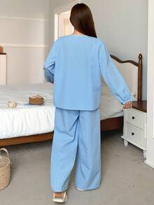 DAZY Plaid Contrast Ruffle Patchwork Lantern Sleeve Women Pajama Set, Fall Clothes - Blue - View 2