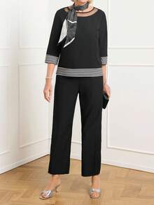 Miaspire 2pcs/Set Women Striped Round Neck 3/4 Sleeve Casual Top And Pants Setsummer Outfits,Vacation Outfits Women,Going Out Outfits - Multicolor - View 3