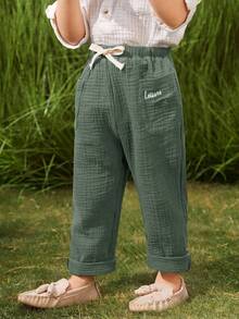 SHEIN 男童休闲百搭字母刺绣裤 - 綠色 - 查看 1