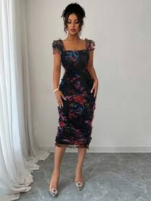 Elenzga Elegancka, romantyczna sukienka damska z siateczki z nadrukiem i marszczeniami w talii o średniej długości, odpowiednia na sezon ślubny, imprezy, randki, nieformalne wyjścia i nie tylko - Czarne - Zobacz 5