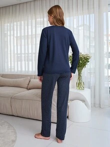 SHEIN Cottnline 100% Cotton 2Pcs  Polka Dot &Animal Printed Homewear PJ Set - Navy Blue - View 2