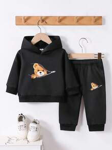 SHEIN Playful Pals Baby Jungen Kapuzenpullover Set, 3D realistischer süßer Bär Cartoon Druckmuster, Streetwear Mode sportlich-Lässig vielseitig, geeignet für Ausflüge, Zuhause und weitere Anlässe