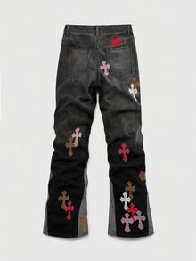 ROMWE MEN Grunge Punk Men's Fashionable Retro Cross Contrast Color Patchwork Cross Embroidery Denim Jeans
