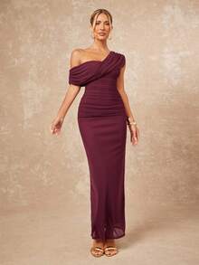 Lumalex 2025 新款夏季海滩度假复活节波西米亚风格海滩户外婚礼派对成人仪式返校派对优雅安哥拉红色网眼单肩褶饰修身紧身长裙女式 - 酒紅色 - 查看 5