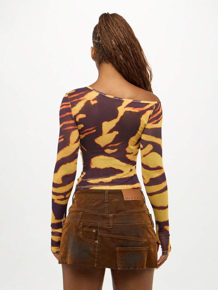 SUMWON WOMEN オフショルダー 長袖 クロップトップ メッシュプリント スリムフィット アニマル柄 秋ファッション クラブパーティー Y2K必須 イブニングウェア