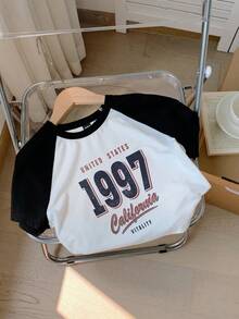 Attitoon Áo thun cổ tròn tay ngắn in họa tiết tương phản màu sắc năm 1997 dành cho phụ nữ ngoại cỡ, giản dị và tối giản, chứa cotton, thích hợp cho mùa hè - Đen và trắng - Xem 4