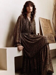 Revavyn Váy Maxi Chiffon Họa Tiết Hoa Tay Phồng Phong Cách Bohemian, Thời Trang Đi Làm - Đỏ - Xem 2