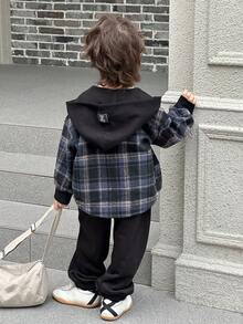 DAZY 2pcs Kids Boys Casual Plaid Hooded Shirt And Sweatpants Set, Loose Fit, Autumn