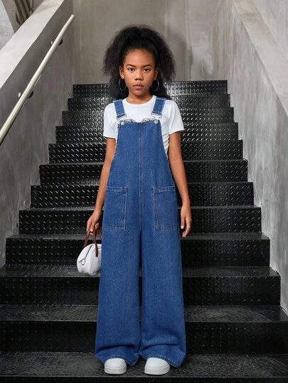 SHEIN Tween Girls Casual Solid Washed Loose Sleeveless Strappy Wide Leg Denim Jumpsuit Overalls Straight Leg Pants Without Tee,Girls Back To School Homecoming Outfits,Solid Color Elegant & Simple & Versatile Flare Pants, Fall Autumn Winter Clothes Outfits,Kids Back To School Streetwear Outfits,Comfortable And Versatile, For 8-12 Years Old Girls, Suitable For School, Home And Travel, Wide Leg Denim Overalls, Teen Wide Leg Overalls Denim, Teen Girl Overalls, Jean Overalls