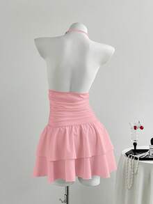 Flirla Black Ribbed Knit Woven Patchwork Metal Chain Decor Deep V Neck Backless Bodycon Ruched Hem Layered Ruffle Hem Super Mini Dress, Sexy Chic For Vacation, Party, Daily, Dating, Versatile For Women In Summer - Pink - View 2