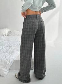 SHEIN PETITE Women's Low-Waist Plaid Casual Pants, Vintage Style For Daily Commute And Leisure - Dark Grey - View 2