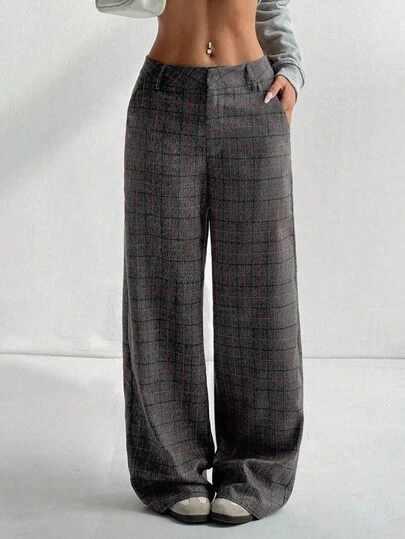 Flirla 1pc Women's Casual, Everyday, Outdoor, Commuting Plaid Low Waist Relaxed Fit Straight Leg Trousers, Grey, Retro Fall Cloth For Women