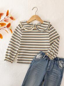 少女时尚针织条纹提花高领长袖T恤上衣，秋冬 - 杏色 - 查看 1