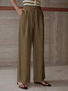 MOTF PREMIUM PANTALONES DE PIERNA ANCHA CON PLIEGUES, BOLSILLOS SESGADOS Y CINTURA CON CORDÓN - Café integral - Ver 7