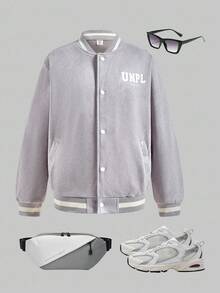 SHEIN 1 件男童休闲灰色字母印花棒球夹克，常规厚度，日常穿着，秋季 - 淺灰色 - 查看 2