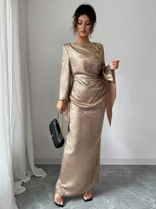 Elenzga Elegant French Style Gold Waist Ruched Asymmetric Flare Sleeve Bodycon Midi Dress - Gold - View 4