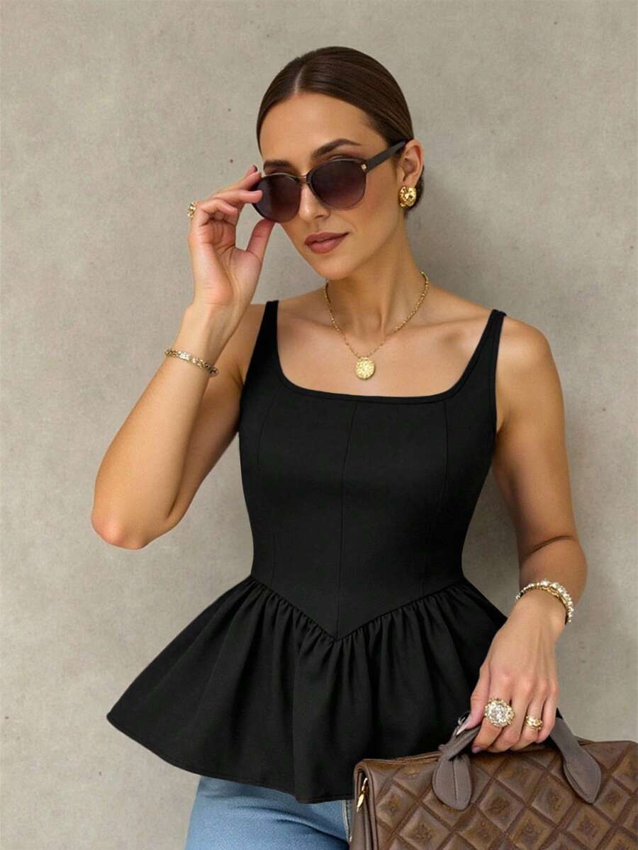 INAWLY Camiseta de mujer plisada en marrón (con estiramiento en 4 direcciones) - Negro - Ver 1
