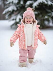 1件女婴秋冬新款印花面料连帽长袖拉链外套，荷叶边装饰，保暖内衬，可爱时尚的冬季外套 - 粉色 - 查看 8