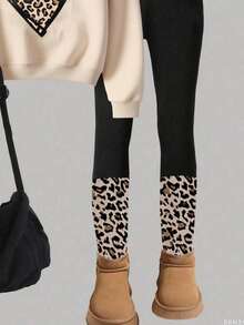 SHEIN ChillGRL 青少年女孩休闲时尚豹纹印花心形图案套头衫和紧身裤两件套，秋季服装冬装 - 彩色 - 查看 4