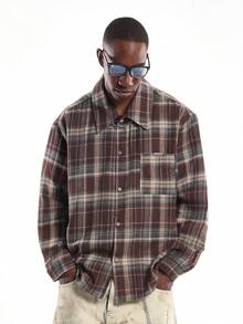 SUMWON Long Sleeve Button Down Plaid Flannel Regular Fit Casual Shirt Winter Fall Classic Collared - Brown - View 4