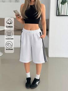 EURMUSE 女式侧条纹宽松休闲百慕大短裤 - 白色 - 查看 1