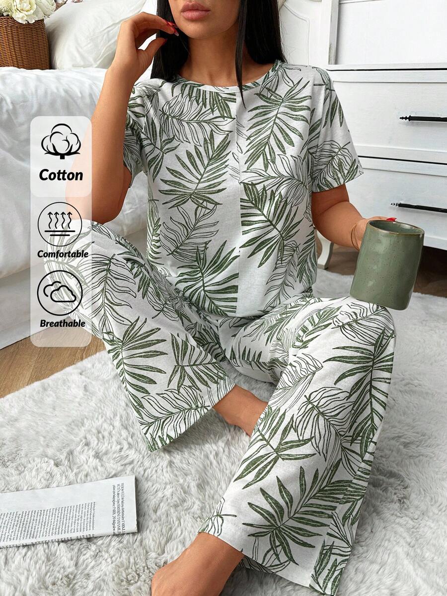 RueChic Women Cotton 2 Pcs Floral Pattern Detail Homewear PJ Set - White - View 1