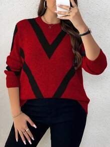 Elenzga Femmes grande taille, pull tricoté jacquard à col rond, manches longues, style décontracté et amincissant. Automne/Hiver - Rouge - Voir 4