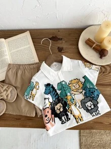 SHEIN 2 件套婴儿男孩/女孩可爱卡通印花短袖衬衫和松紧腰卡其色短裤套装，夏季 - 彩色 - 查看 5