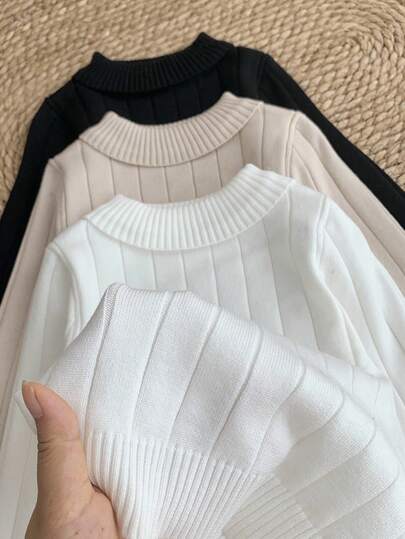 SHEIN LMoss Kids Young Girl Solid Color Knit Casual Sweater,In Fall/Winter