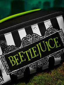 Beetlejuice X SHEIN 1 件卡通图案印花大容量扁平 PU 皮革化妆包，多功能收纳袋，小物品收纳包，旅行收纳包，数码配件收纳包，适合日常携带、旅行、工作、化妆或学习，适合女性和学生，哥特 - 黑與白 - 查看 6