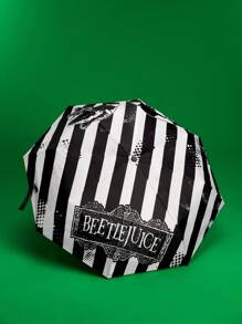 Beetlejuice X SHEIN 1pc Striped & Letter Graphic Umbrella, UV Protection, Suitable For School, Work, Outdoor And Daily Use, Designed For College Students, High School Students And Men & Women, Goth - Black and White - View 2