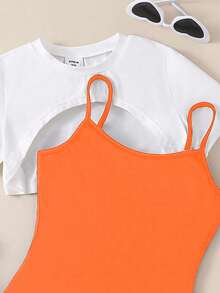 2 chiếc/bộ áo crop top tay ngắn + áo liền quần màu cam trơn cho bé gái tuổi mới lớn, thích hợp cho các buổi tụ tập ngoài trời, vui chơi và chụp ảnh - Nhiều màu - Xem 5