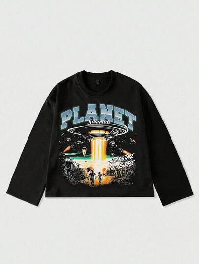 Street Life Maglietta casual da uomo a maniche lunghe con stampa di lettere, adatta per primavera/autunno, stile anni 2000