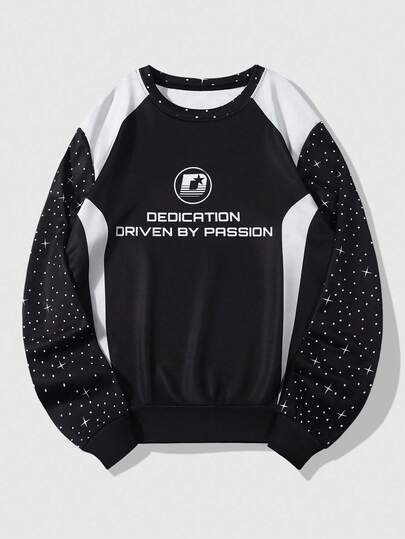 Street Life Men's Colorblock Letter Print Crew Neck Long Sleeve Pullover Sweatshirt
